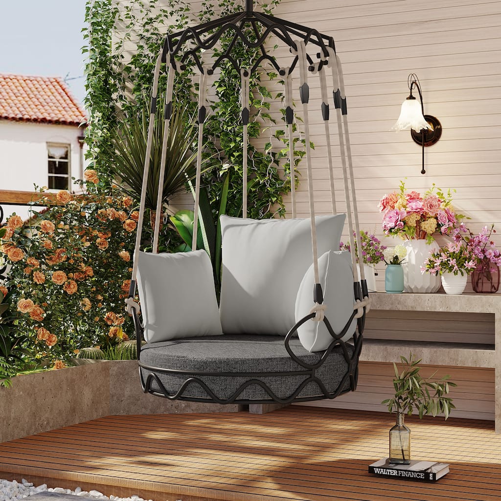 Outdoor Porch Swing Chair Hanging Basket, Hanging Chair with UV Resistant Cushion, Olefin Fabric for Patio Porch