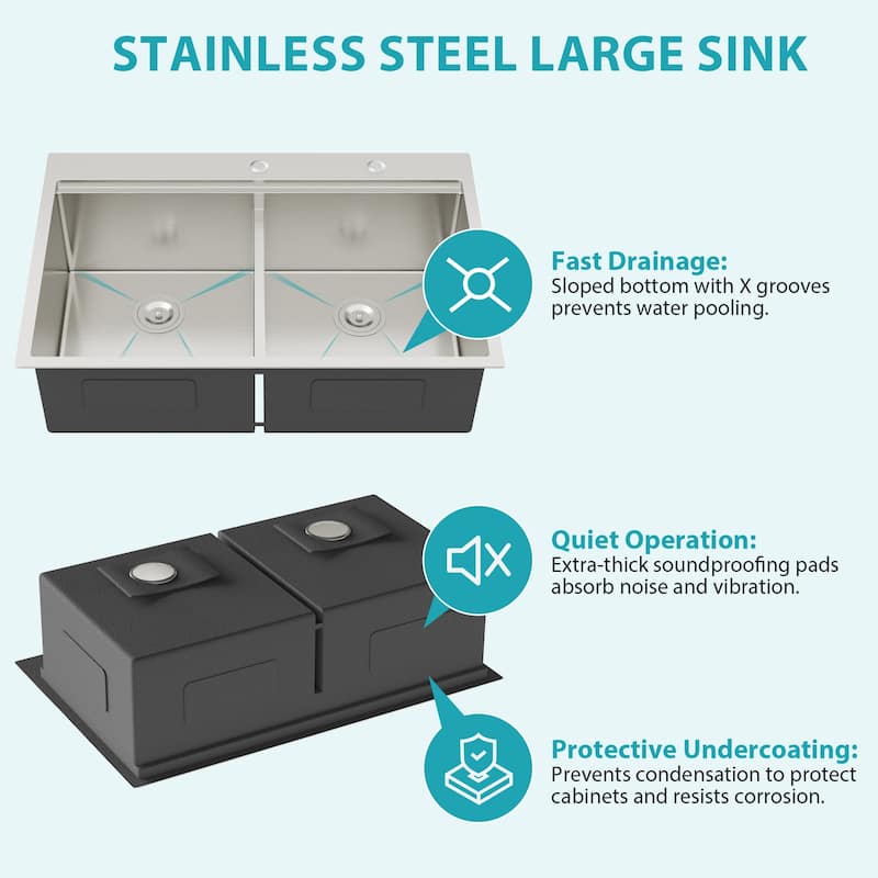 Topmount Drop in Kitchen Sink 36x22x10" Double Bowl Kitchen Sink 16 Gauge with 2 10" Deep Basin, Brushed Nickel