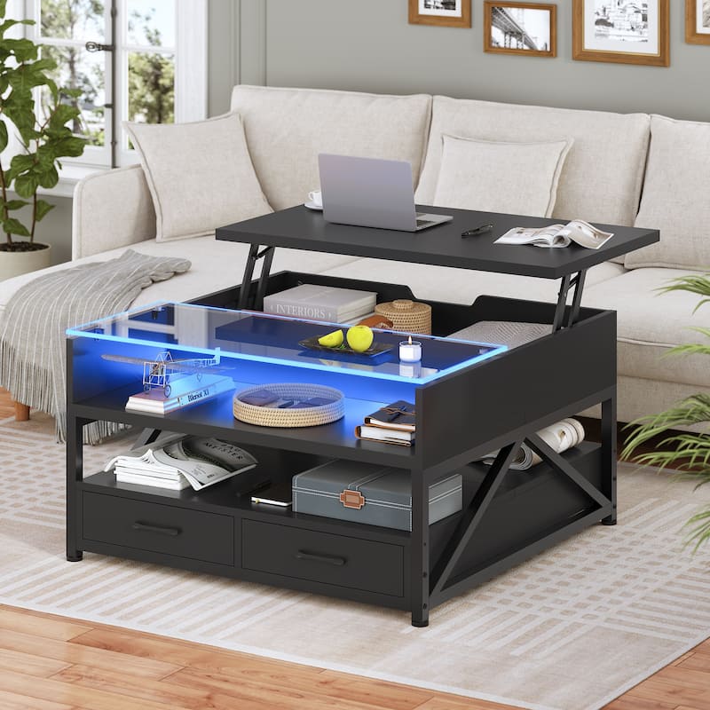 Coffee Table Lift Top 2 Drawers Hidden Compartment for Living Room