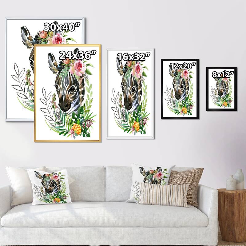 Designart "Cute Zebra Portrait" Traditional Framed Children's Canvas