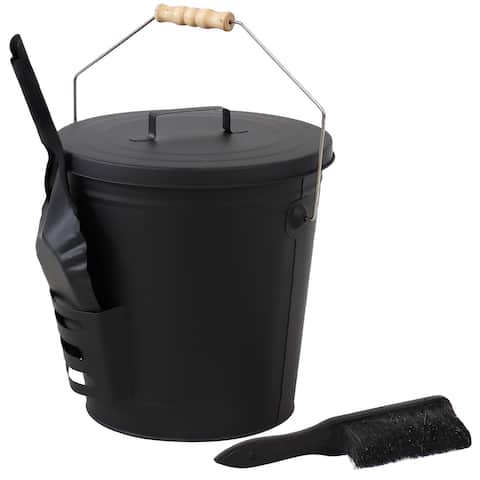 Steel Fireplace Ash Bucket with Lid, Shovel and Brush