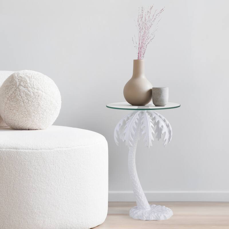 Hedda 24.75" Glass Top Metal Palm Tree End Table, White, by JONATHAN Y