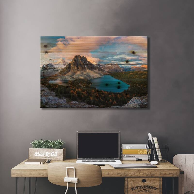 Sunrise At Mt. Assiniboine Print On Wood by Jenny L. Zhang - Multi-Color