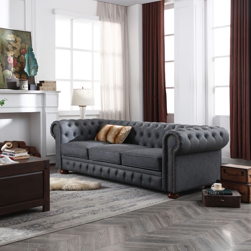 Classic Tufted Faux Leather Couch Living Room Chesterfield Sofa with Nailhead Trim, Pillows and Removable Cushions