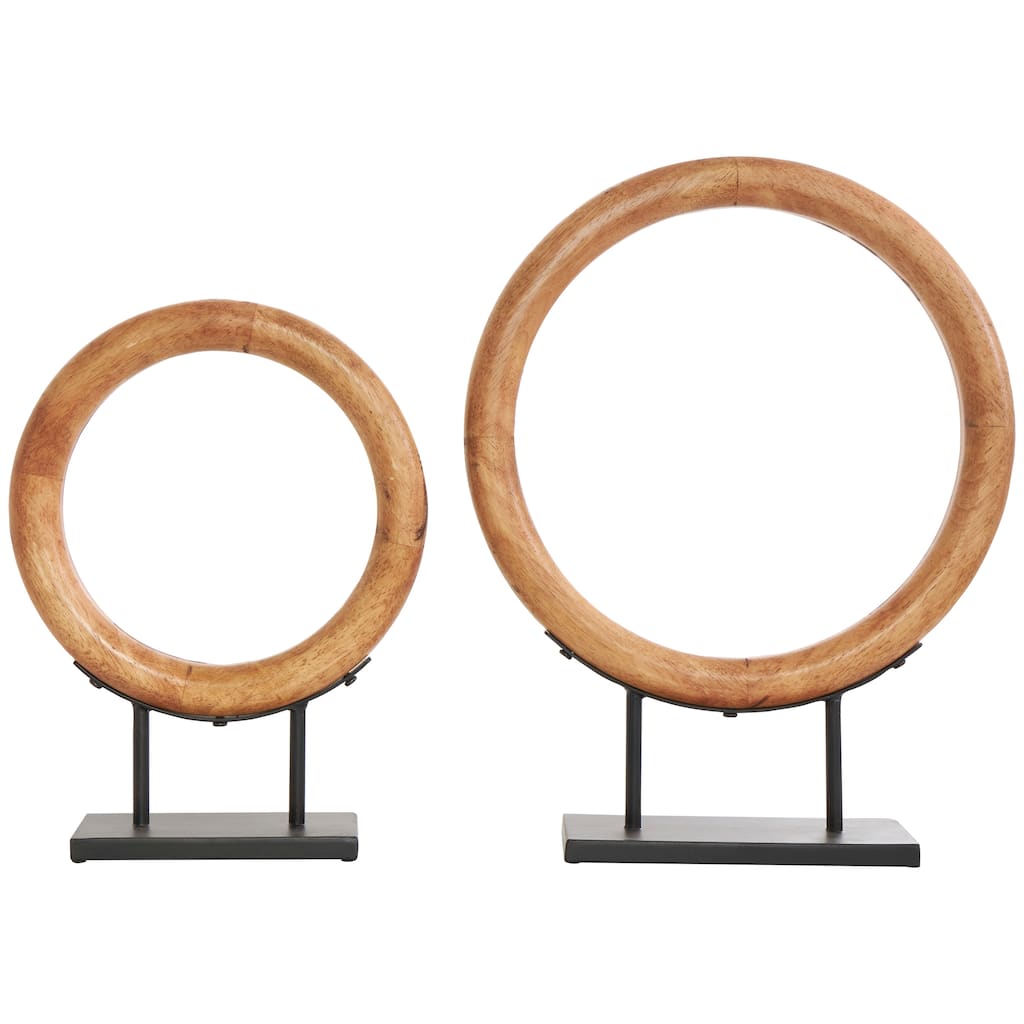 Wood Geometric Circular Ring Sculpture with Black Metal Stands - Set of 2 Brown - Roche River Decor - 4"W x 16"L x 20"H