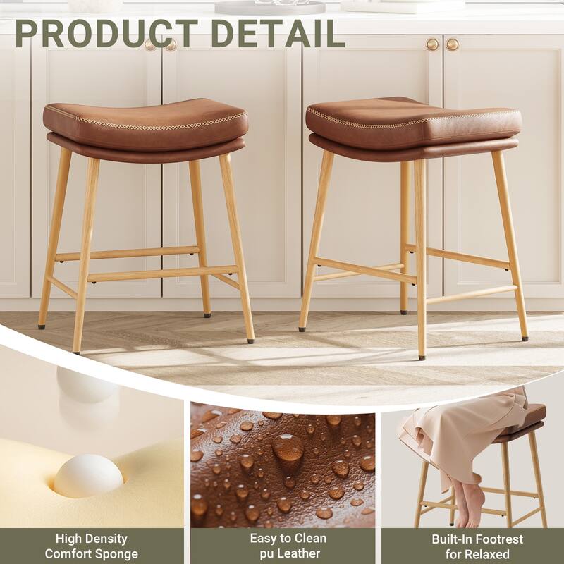 RENEWLINE Metal Bar Stools, 24 Inch Backless Counter Height Stools（Set of 2/3/4/6） with PU Leather Seat & Footrest