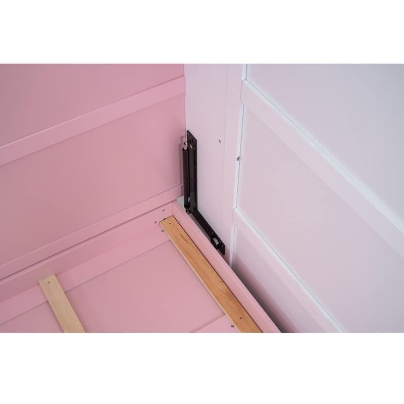 Wood Full Size House Murphy Bed with USB, Storage Shelves and Blackboard, Pink+White