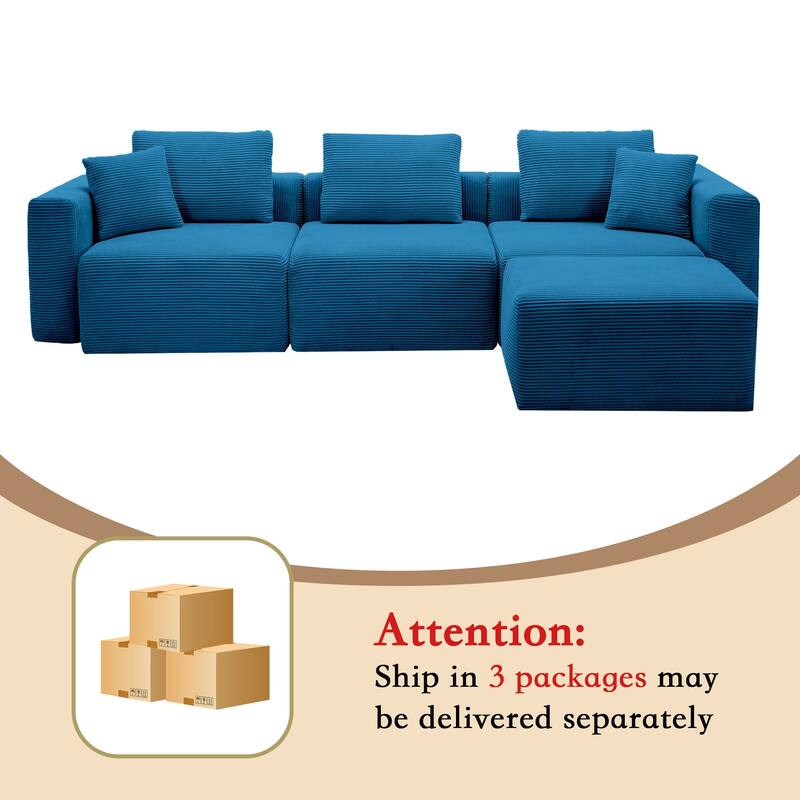 Corduroy Sectional Modular Sofa with Square Arms & Ottoman Extension for Flexible Arrangements