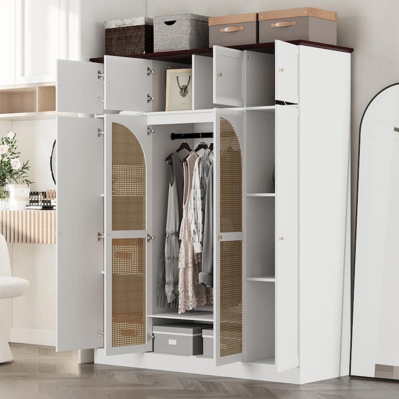70.87" 8-Door Large Capacity Armoire Wardrobe Closet with Hanging Rod, Adjustable Shelves and Rattan Decorative Doors
