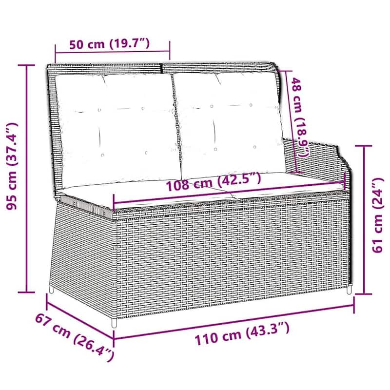 vidaXL Garden Bench with Cushion Brown Poly rattan - 26 x 43 x 37
