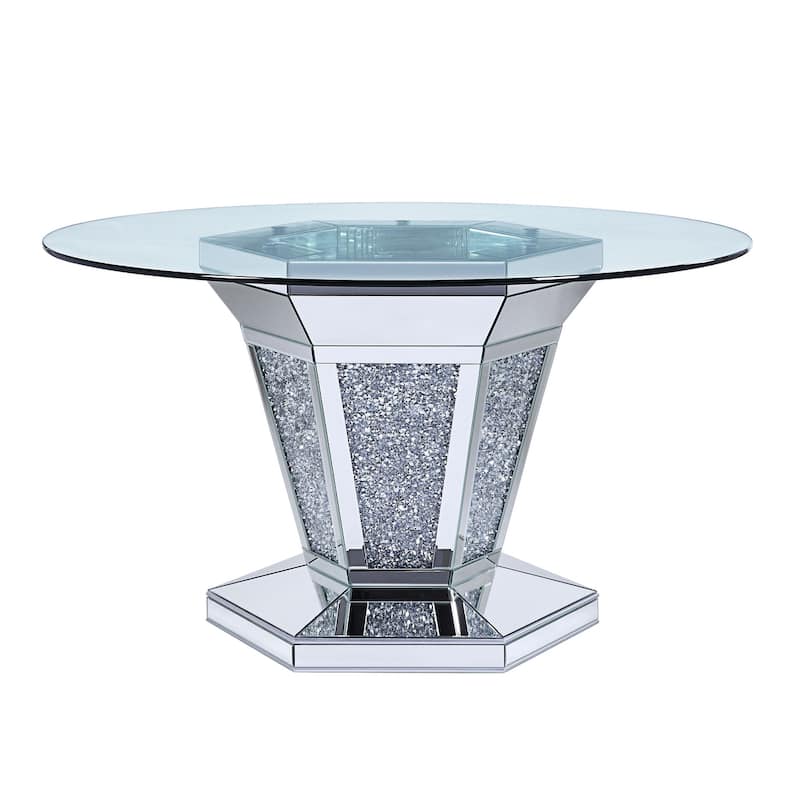 Faux Crystals and Mirror Inlaid Wooden Dining Table with Pedestal Base, Silver and Clear