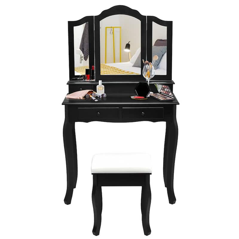 Gymax Vanity Jewelry Makeup Dressing Table Stool Folding Mirror Black