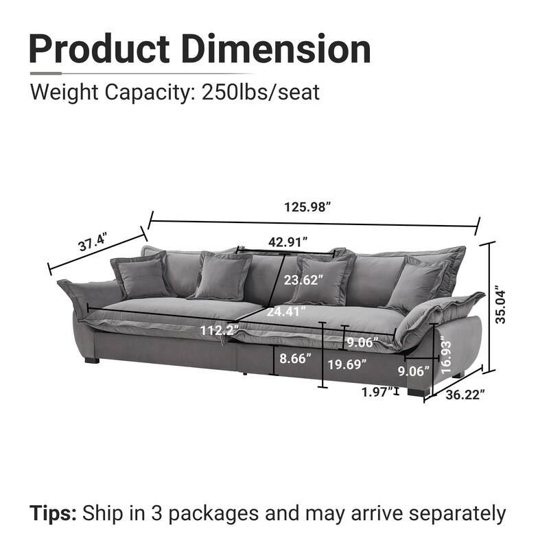 Modular Spacious Deep Seating Velvet Sofa with Storage, Removable Cushion Covers, Pillow Top Arms, Solid Wood Frame and Pillows