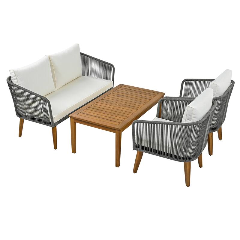 Patio Furniture Set with Loveseat, Rope Chairs & Beige Cushions, 4 Pcs