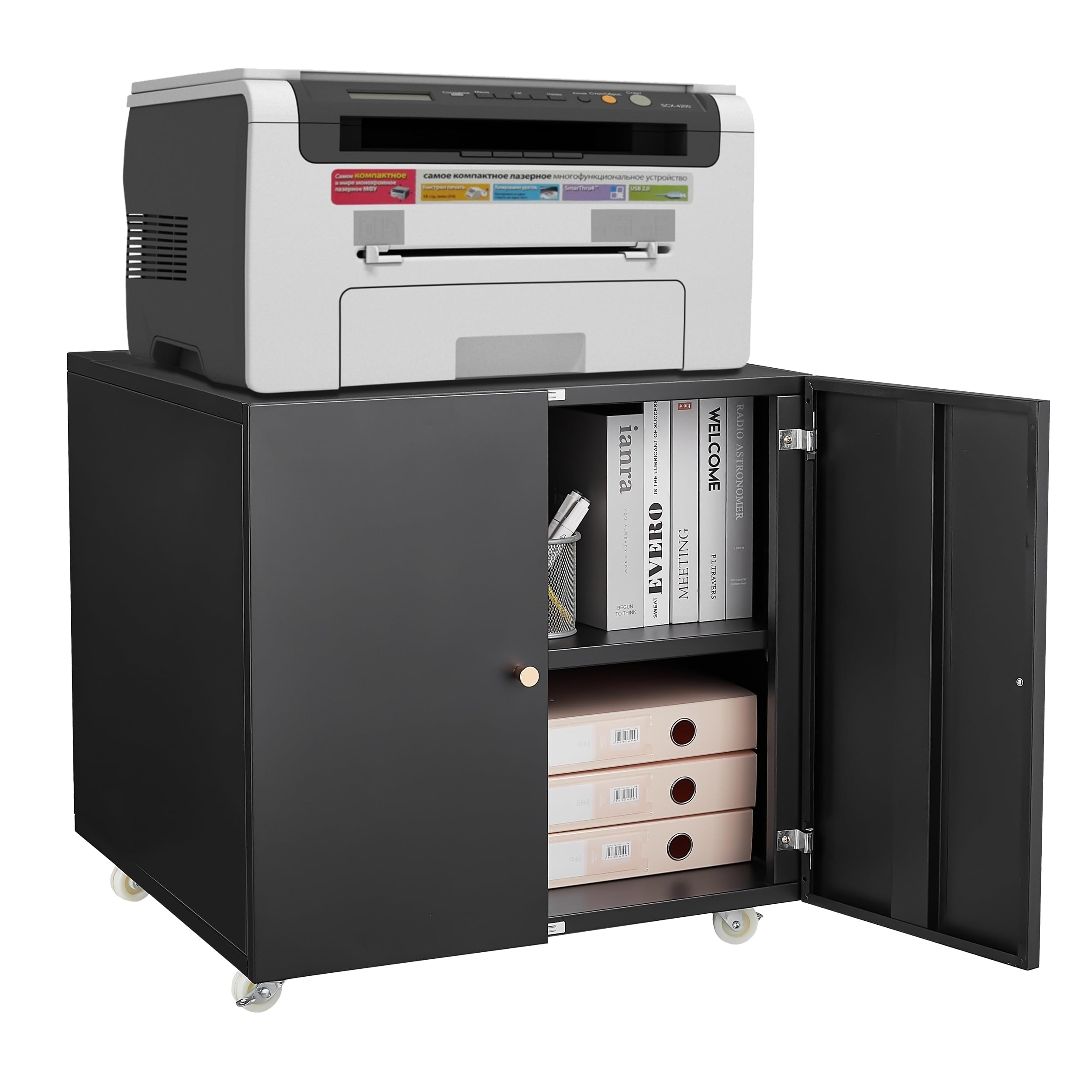 Metal Printer Stand with File Storage Cabinet, Printer Cabinet File Cabinet On Wheels with Door and Adjustable Shelf