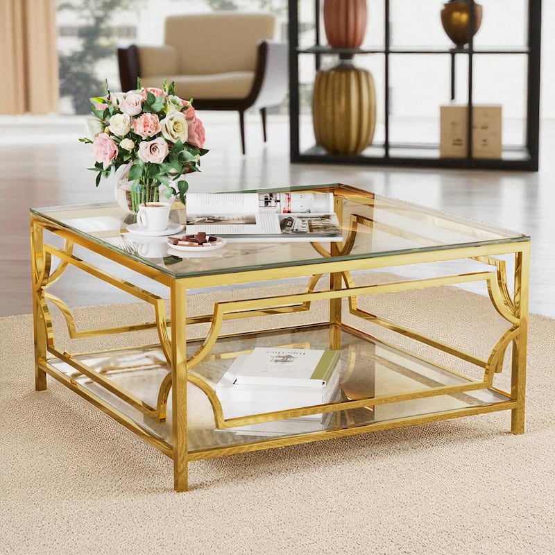 Square Glass Coffee Table 33.5" with Gold Geometric Metal Frame and Lower Shelf, Modern Accent Furniture - Transparent