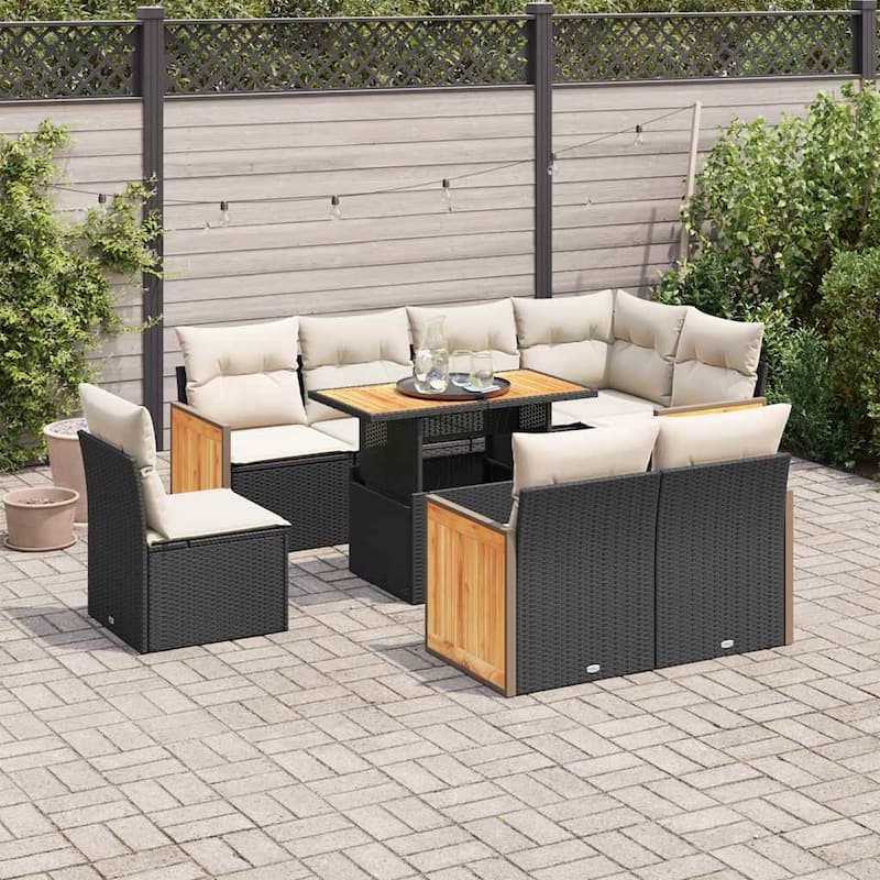 vidaXL Patio Sofa Set with Cushions Outdoor Furniture 9 Piece Poly Rattan - Black and cream with storage - 91.0 x 47.6 x 33.5 in