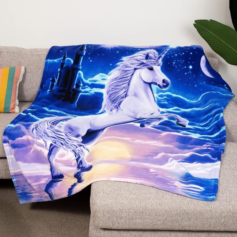 Queen Size Fleece Throw Blanket Unicorn Blue 90 x 75