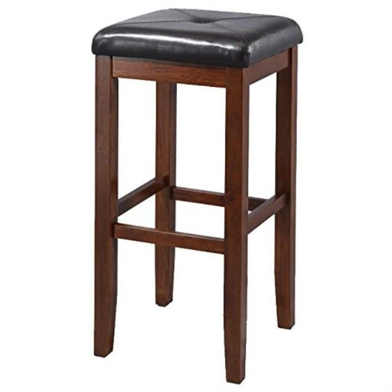 Set of 2 Vintage Mahogany Stools with Black Upholstered Seat - 15 x 15 x 29 inches