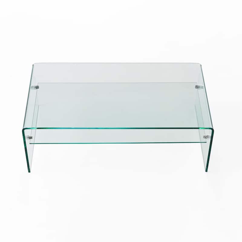 Roomfitters Modern Tempered Glass Coffee Table with 12 mm Bent Top & 8 mm Shelf, Clear Minimalist Living Room Table