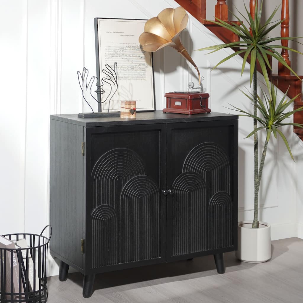 2-Door Sideboard Buffet Cabinet, Accent Cabinet with Geometric Embossed Design, Storage Cabinet with Shelves