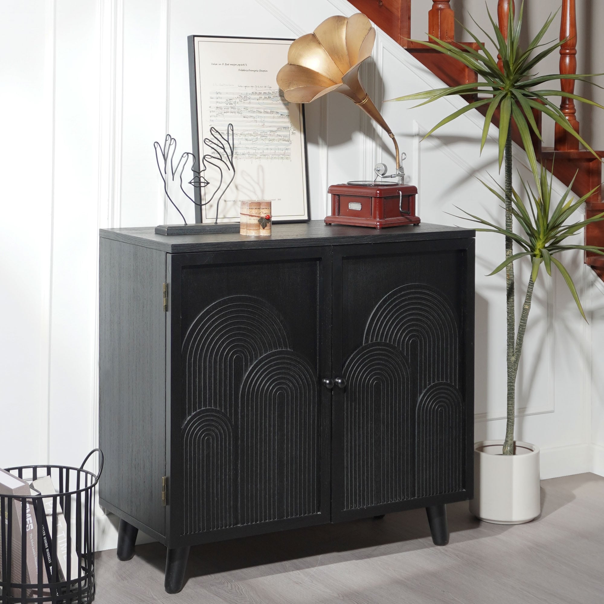 2-Door Sideboard Buffet Cabinet, Accent Cabinet with Geometric Embossed Design, Storage Cabinet with Shelves