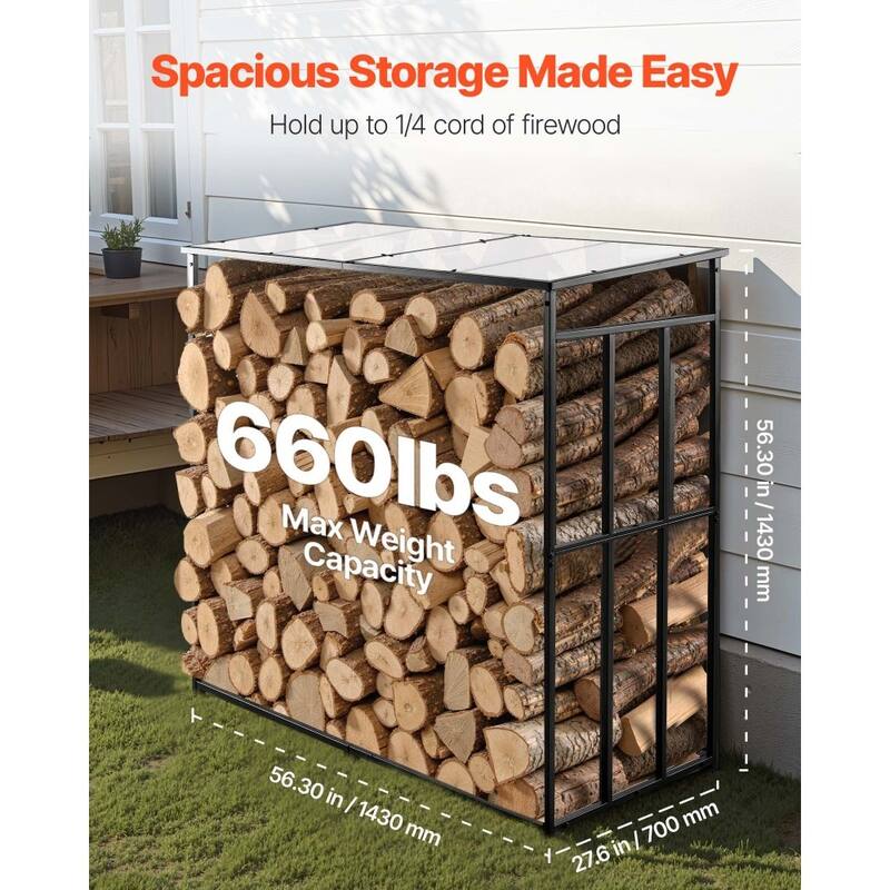 4 Feet Galvanized Steel Firewood Rack with Clear Panel and Adjustable Feet Weatherproof Outdoor Use - 56.30 × 2.76 × 56.30 in