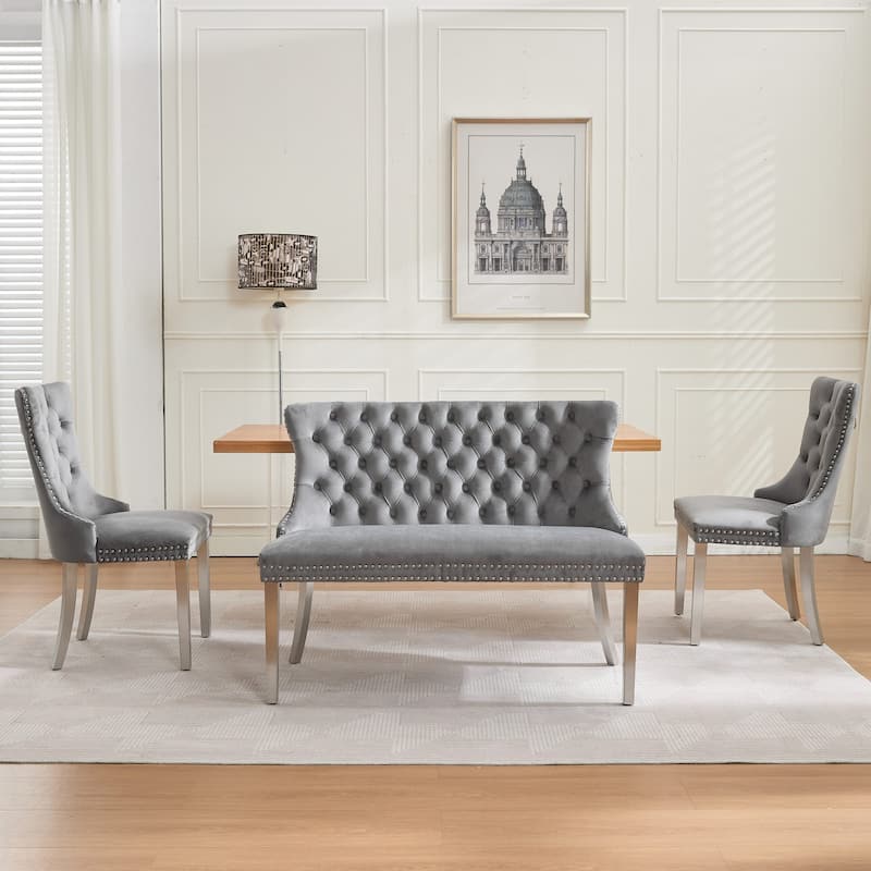 GDF Studio- Velvet Mid-Century Double Dining Loveseat Bench with Tufted Buttons & Stainless Steel Legs