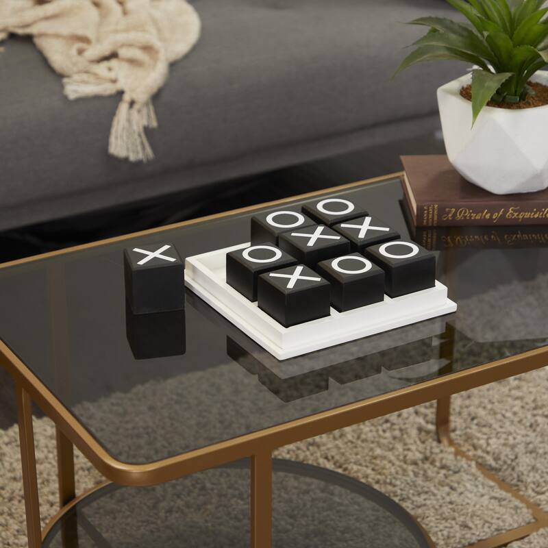 Wooden Tic Tac Toe Block Game Set with Steel or Light Wood Pieces - Black, Dark Brown, Gold - Roche River Decor
