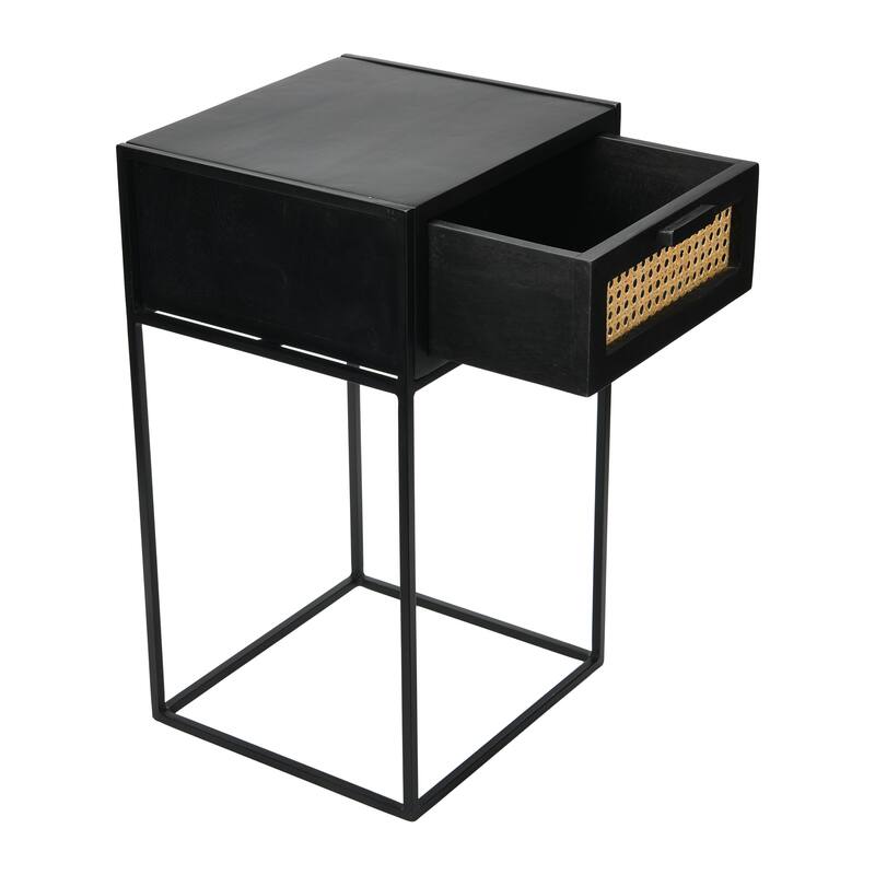 Solid Wood Nightstand with Metal Legs and Woven Cane Drawer Detail
