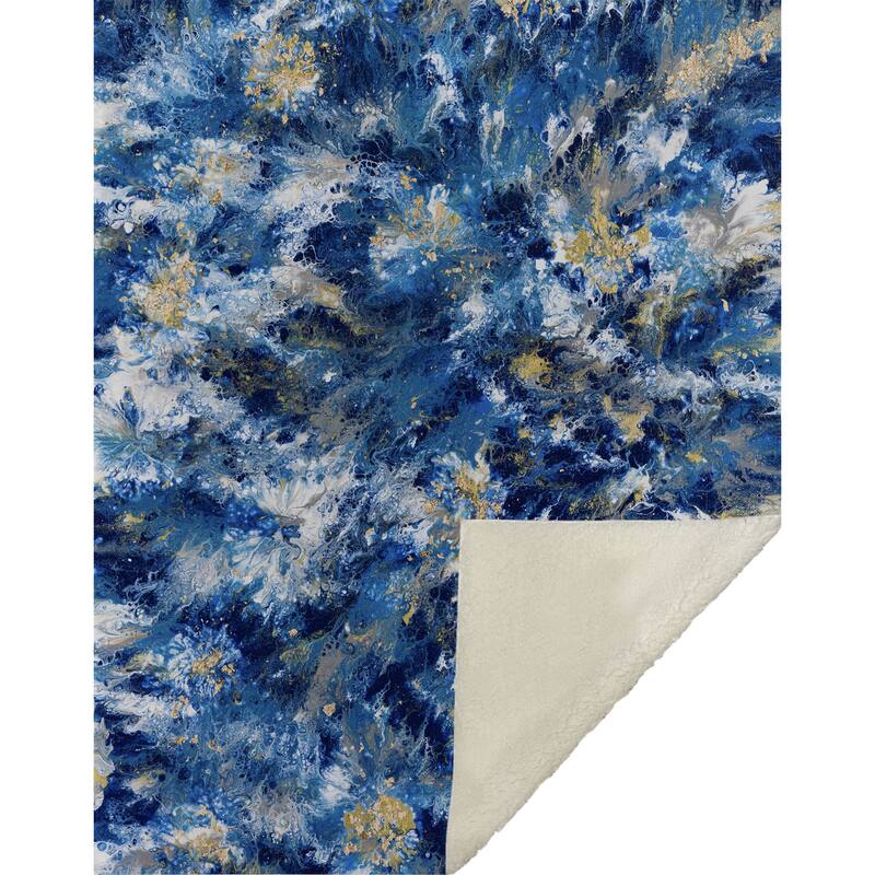 HomeRoots 50" X 70" Blue Ivory And Gold Abstract Microfiber Plush Throw Blanket