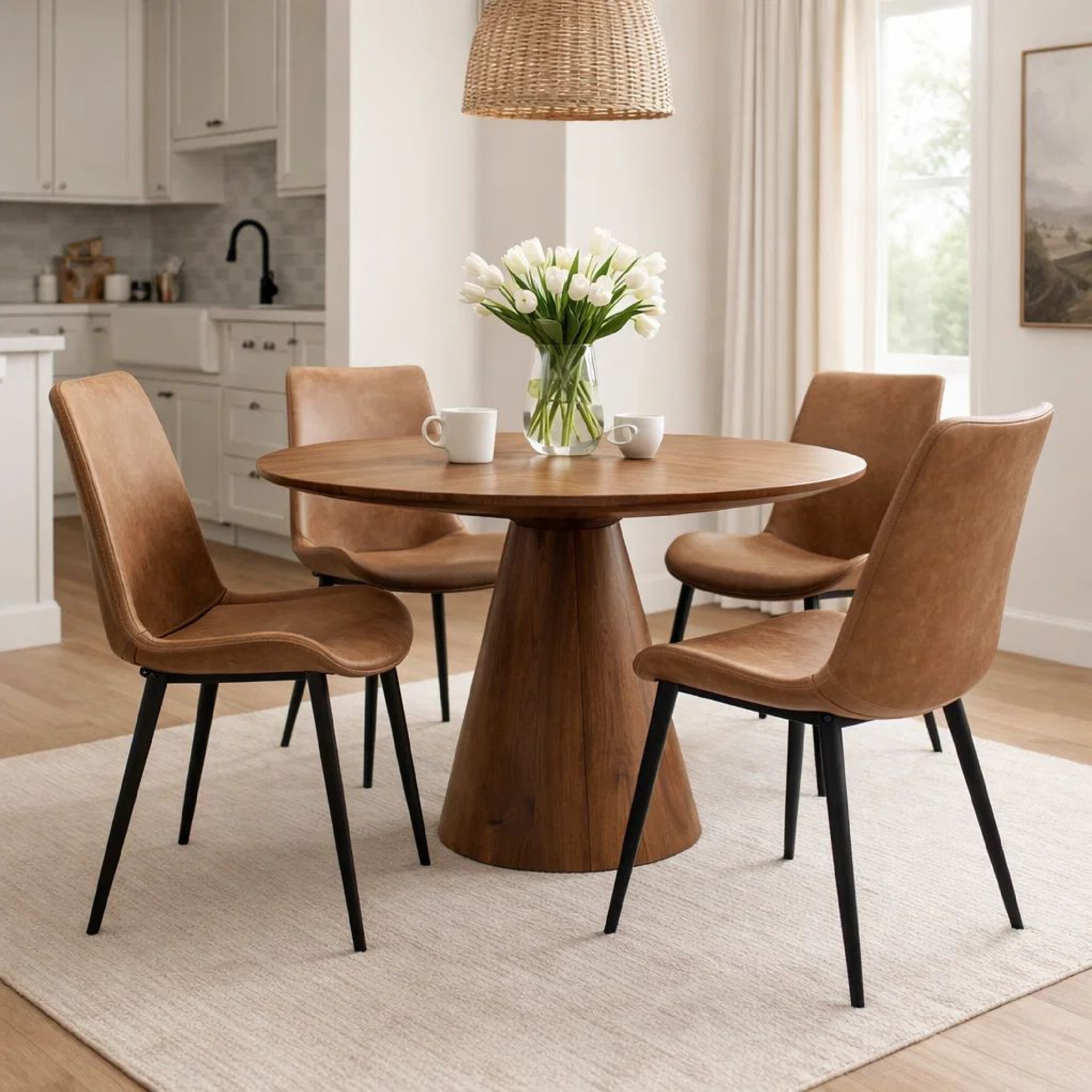 21 Inch Set of 2 Dining Chairs, Brown Faux Leather, Angled Black Steel Legs