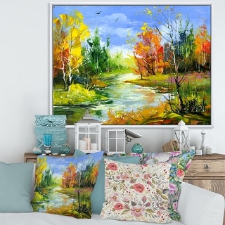 Designart "Autumn Landscape With The Wood River" Lake House Framed Canvas Wall Art Print
