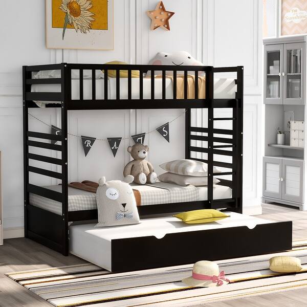 slide 2 of 9, Espresso Twin Bunk Beds for Kids with Safety Rail and Movable Trundle Bed Espresso