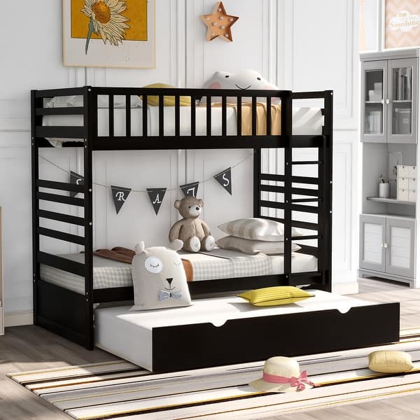 slide 2 of 9, Espresso Twin Size Solid Pinewood Bunk Beds with Safety Rail, Movable Trundle, Ladder, and Full Length Guardrails Espresso