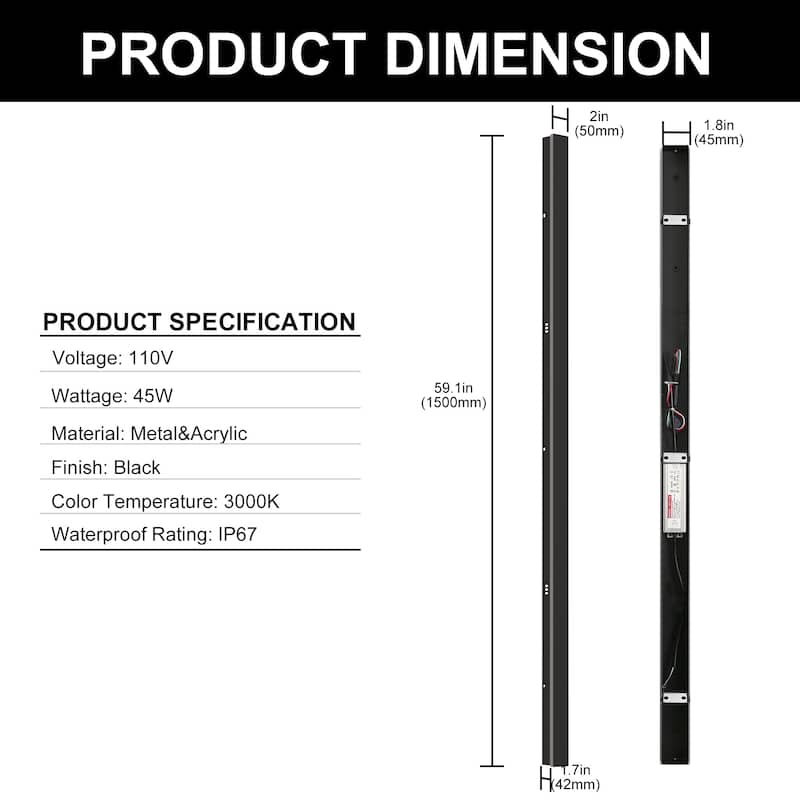 YANSUN 59.06in Outdoor Wall Lamp 45W LED, IP65 Waterproof, Warm Light 3000K, 85-265V - 59.1 inchs