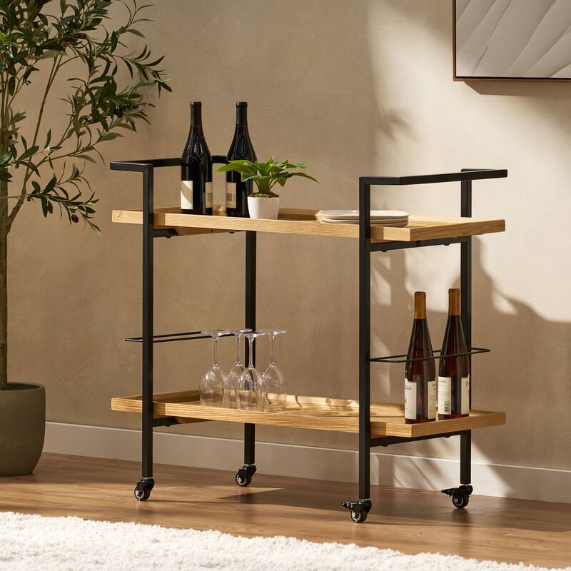 Roomfitters Modern Industrial Bar Cart with Rolling Casters and Wine Bottle Holders, Natural