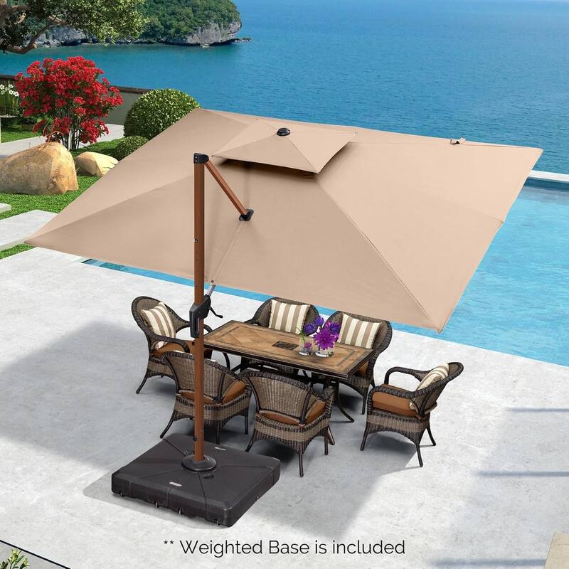 PURPLE LEAF 10 x 13ft Double Top Deluxe Wood Pattern Rectangle Patio Cantilever Umbrella with Base outdoor