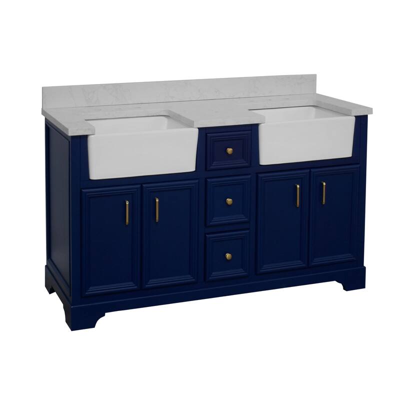 KitchenBathCollection Zelda 60" Double Farmhouse Bathroom Vanity with Engineered Carrara Top