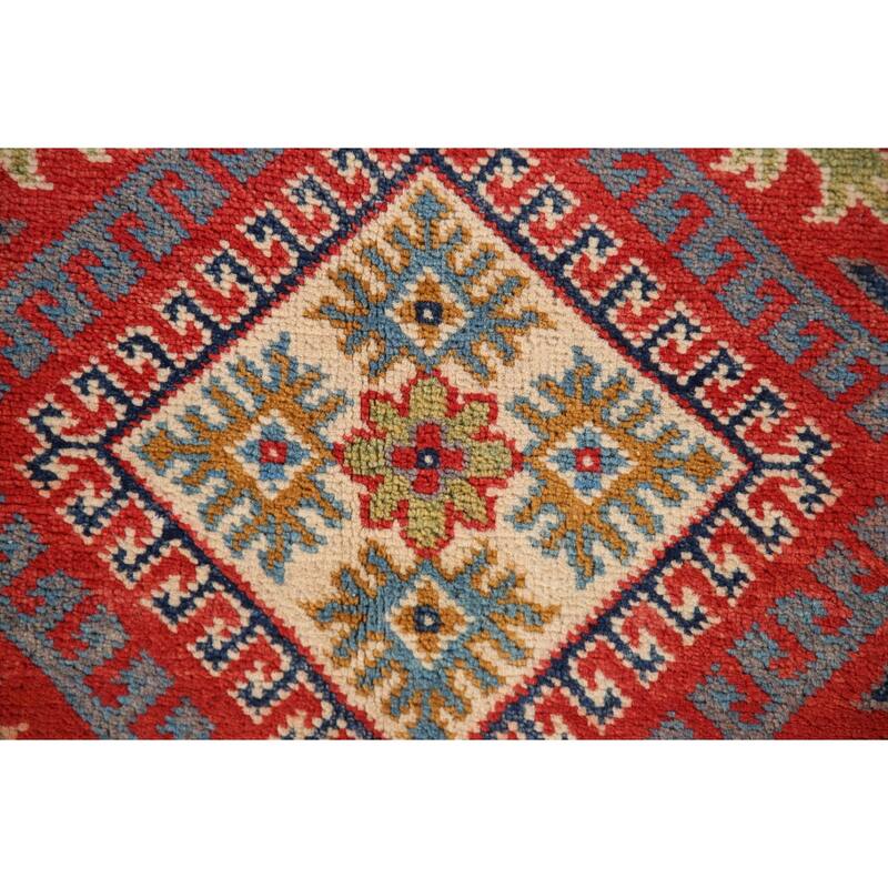 Geometric Kazak Rug Hand-Knotted Red Wool Carpet - 3'4"x 5'2"