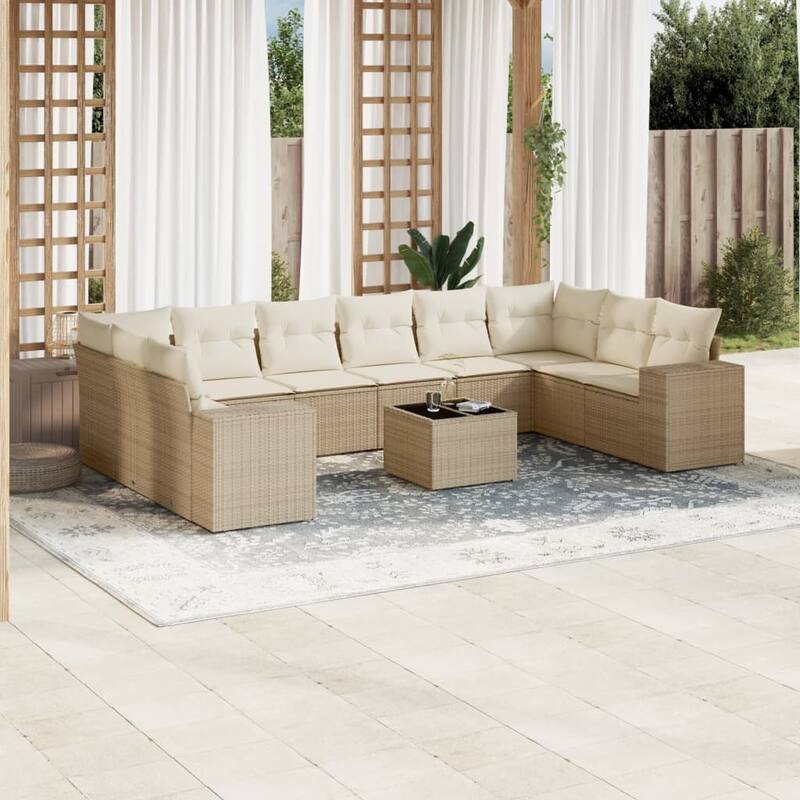 vidaXL Patio Sofa Set with Cushions Outdoor Conversation Furniture Poly Rattan - Beige and cream 11pcs - 21.7 x 21.7 x 14.6