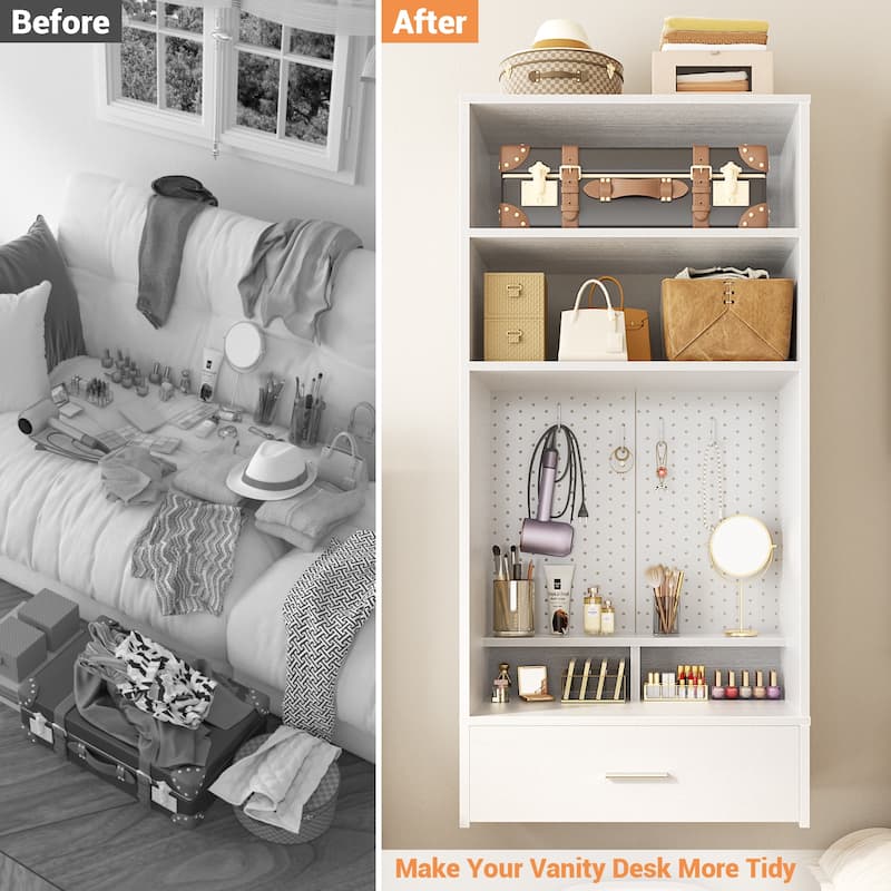 25'' W Hanging Closet System with Vanity Desk, Closet Organizer with Wood Drawer and Storage Shelves and Magnetic Pegboard