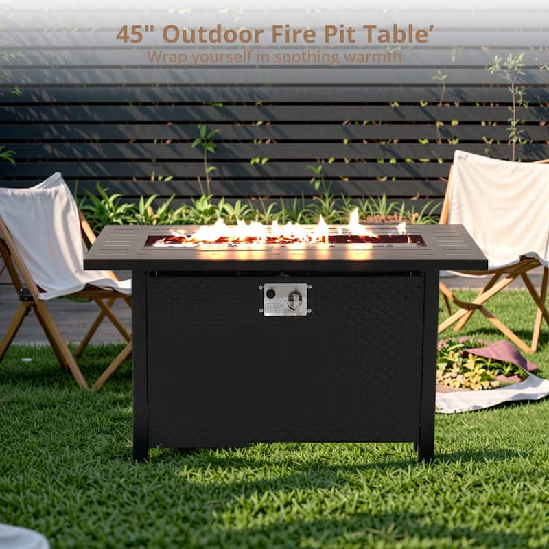 Outdoor 50000 BTU Rectangular 45” Propane Fire Pit Table with Glass Wind Guard for Patio, Deck, Backyard, Black - 45 in
