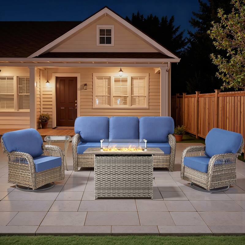 Pocassy Outdoor Fire Table with Swivel Chair Sofa Funiture Set. - Gray Wicker Blue Cushion - 5-Piece Sofa Swivel Chair Table w/ Fie Pit Table