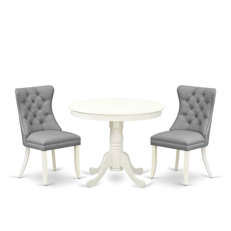 3-Piece Linen White Finish Solid Wood Top - Round Upholstered Dining Room Set - Seats-4