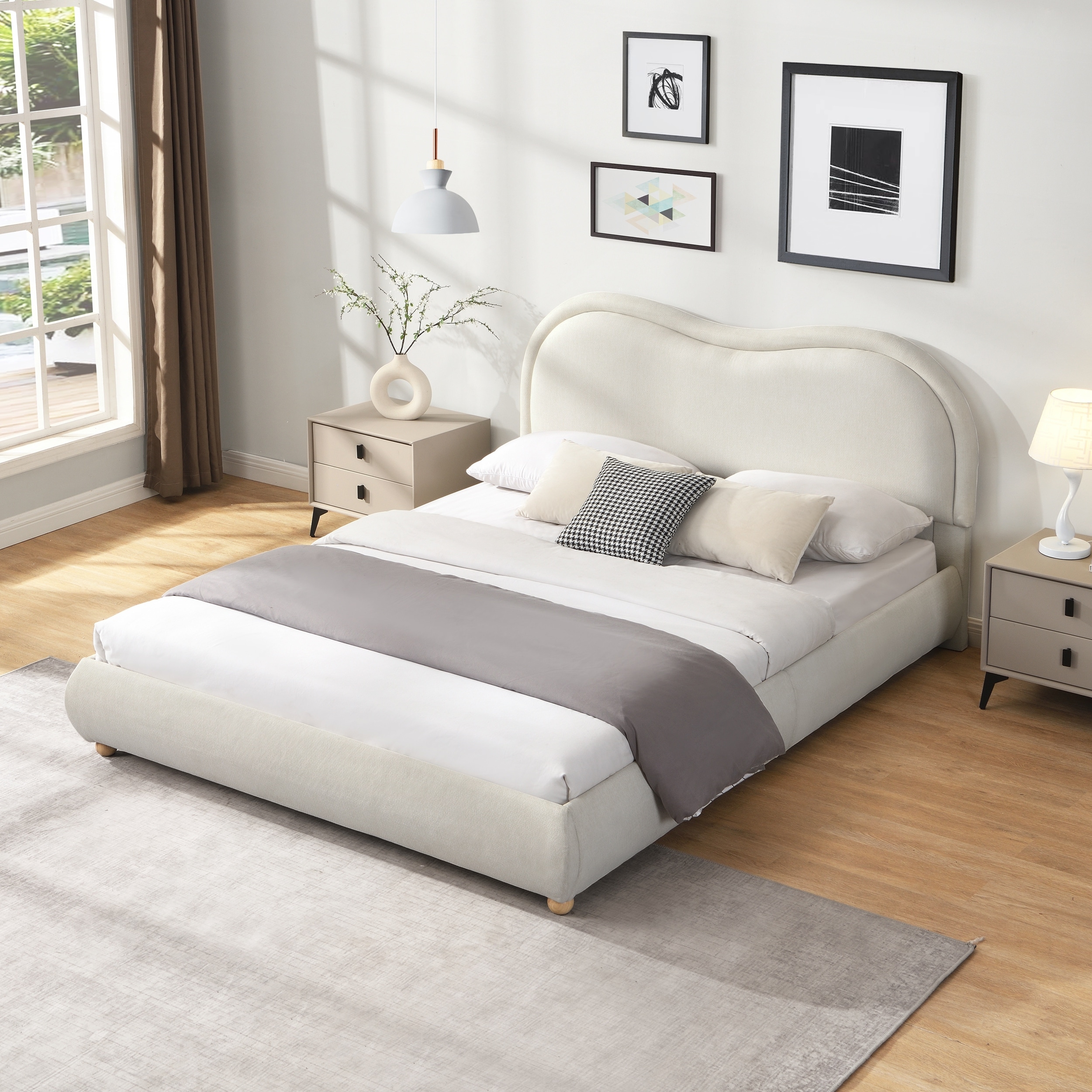 Upholstered Platform Bed Frame with Curved Headboard, Wooden Slats, and Chenille Fabric for Elegant and Comfortable Sleeping