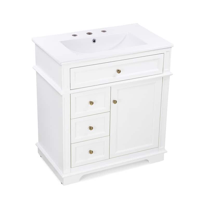 30" Bathroom Vanity with Ceramic Sink, Bathroom Vanity Cabinet with 3 Drawers, 1 Tip-out Drawer, Door Shelf & Soft Closing Door