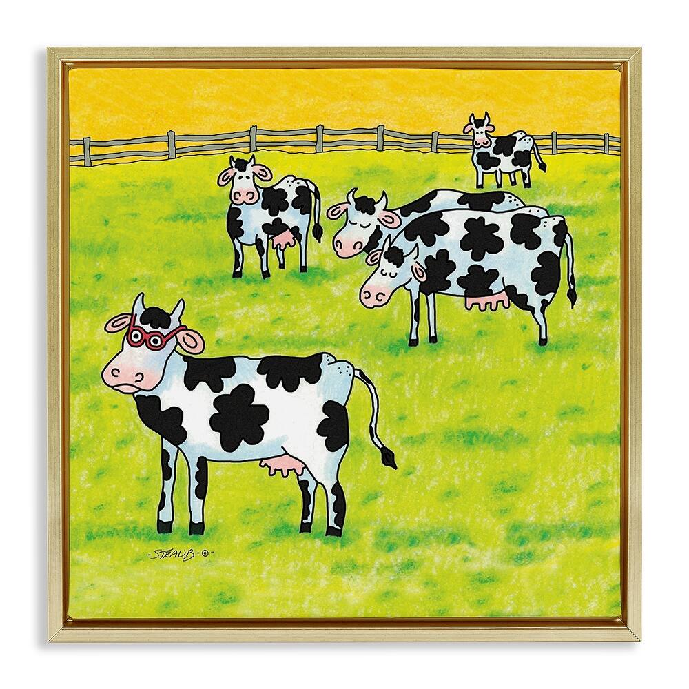 Stupell Funny Cow Herd with Specs Framed Floater Canvas Wall Art Design By Roger Straub