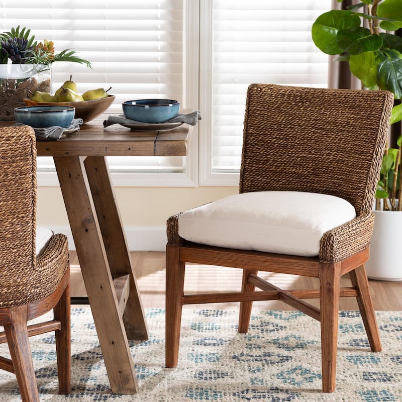 Ridley Seagrass Dining Chair with Mahogany Wood Frame - Coastal Accent Chair with Woven Square Back and Cushioned Seat