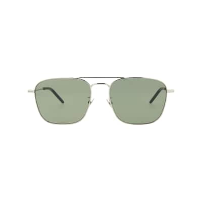 Saint Laurent Aviator-Frame Metal Sunglasses, Solid Green Lens, Shiny Silver Frame